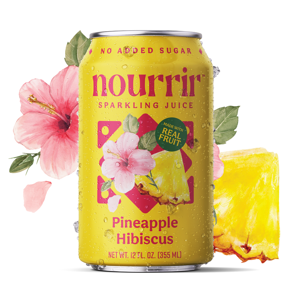 Can of Nourrir Pineapple Hibiscus sparkling juice with watercolor pineapple and hibiscus in background.
