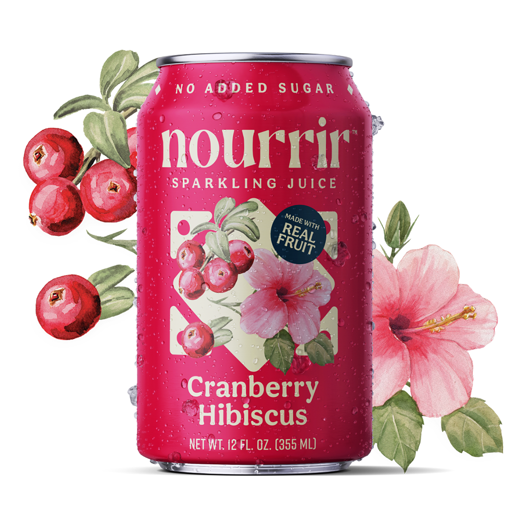 Can of Nourrir Cranberry Hibiscus sparkling juice with watercolor cranberries and hibiscus in background.