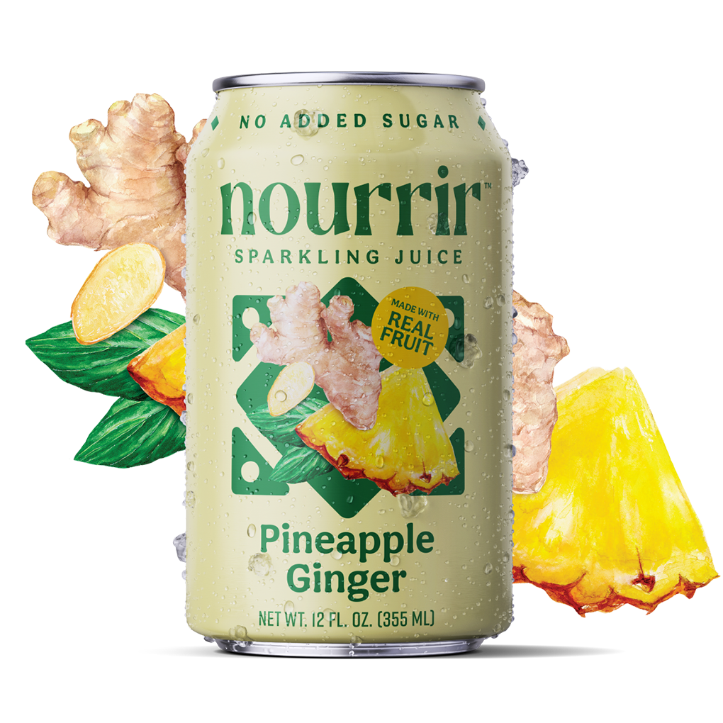 Can of Nourrir Pineapple Ginger sparkling juice with watercolor ginger and pineapple pieces in background.